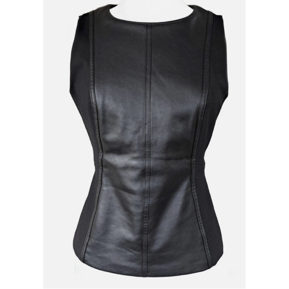 White House Black Market Faux Leather Bodice Top Size 10 Black Sleeveless Chic